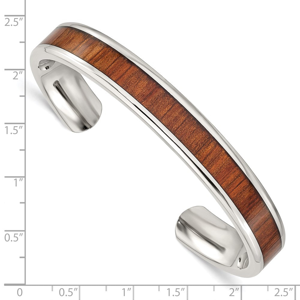 Alternate view of the Men&#39;s 10mm Stainless Steel &amp; Red/Orange Wood Inlay Cuff Bracelet by The Black Bow Jewelry Co.