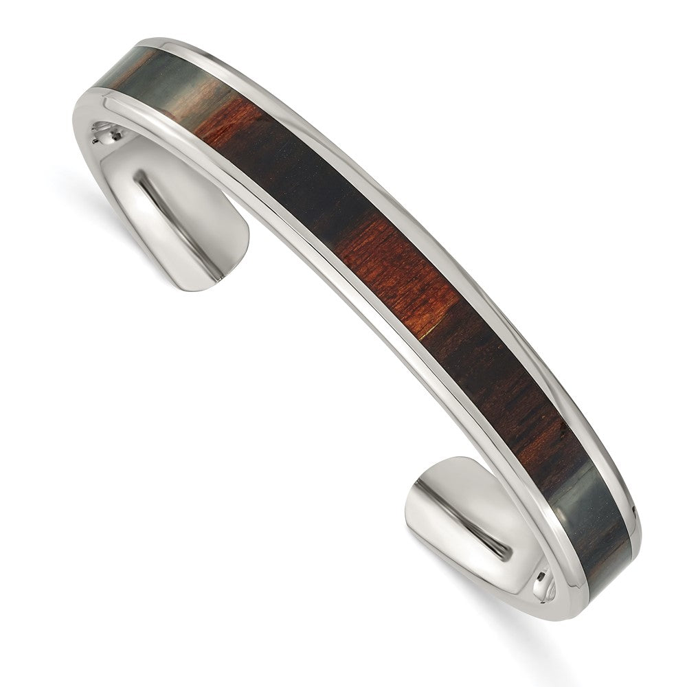 Men&#39;s 10mm Stainless Steel &amp; Enameled Black Wood Inlay Cuff Bracelet, Item B12837 by The Black Bow Jewelry Co.