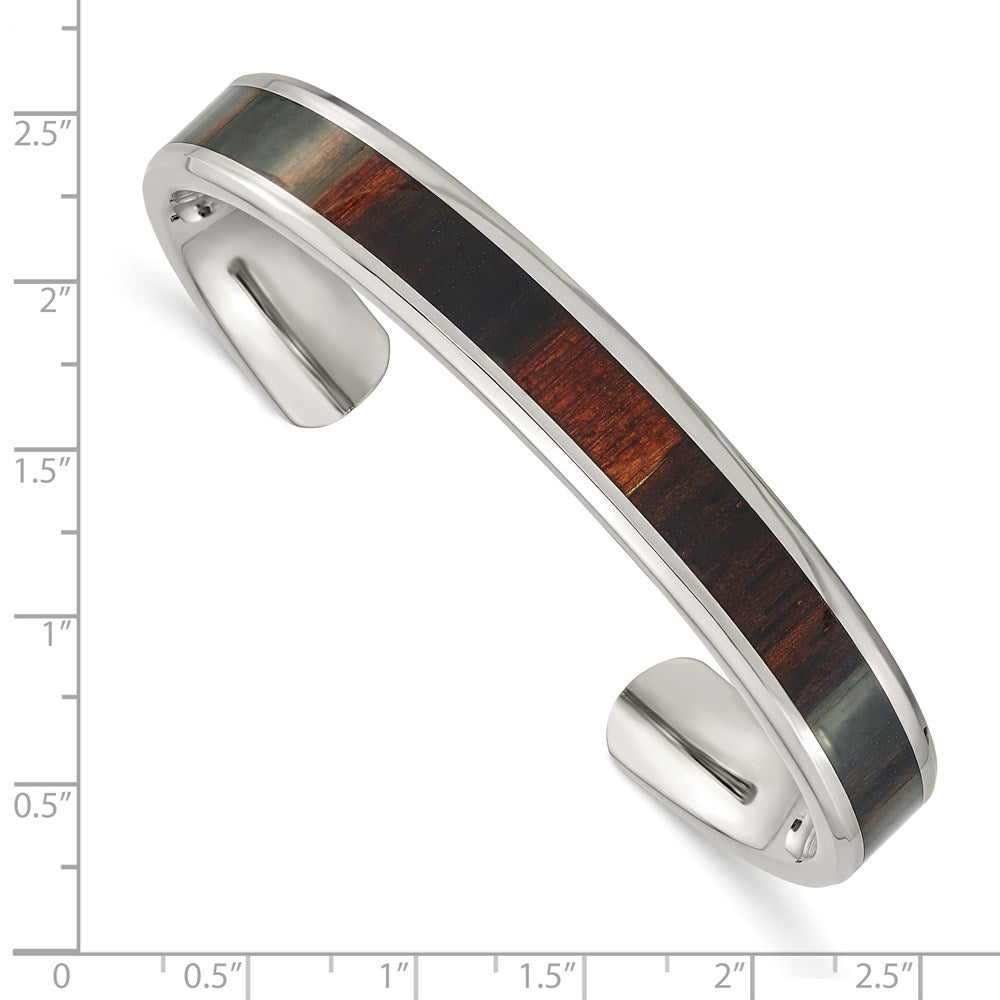 Alternate view of the Men&#39;s 10mm Stainless Steel &amp; Enameled Black Wood Inlay Cuff Bracelet by The Black Bow Jewelry Co.