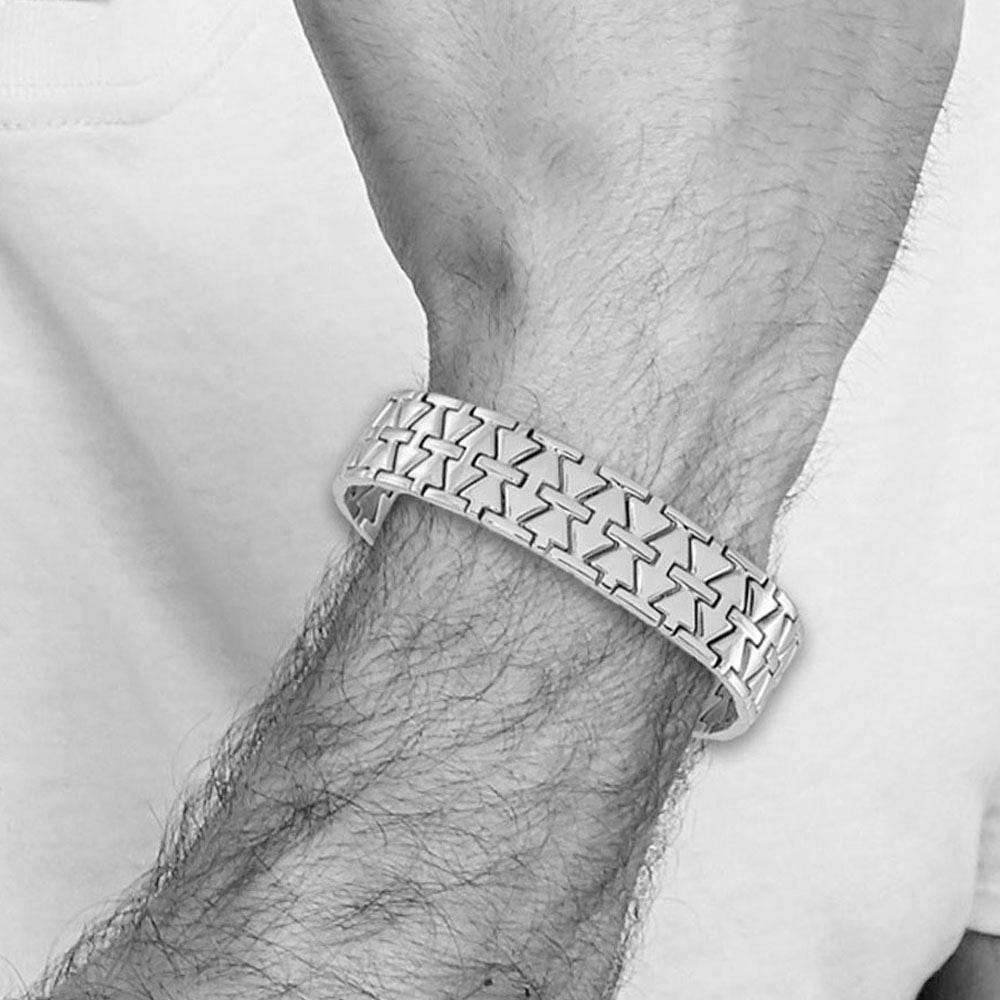 Alternate view of the Men's 15mm Polished Stainless Steel Aztec Link Bracelet, 7.5 Inch by The Black Bow Jewelry Co.