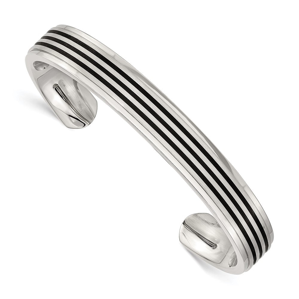 Men&#39;s 10mm Stainless Steel &amp; Black Rubber Striped Cuff Bangle Bracelet, Item B12843 by The Black Bow Jewelry Co.