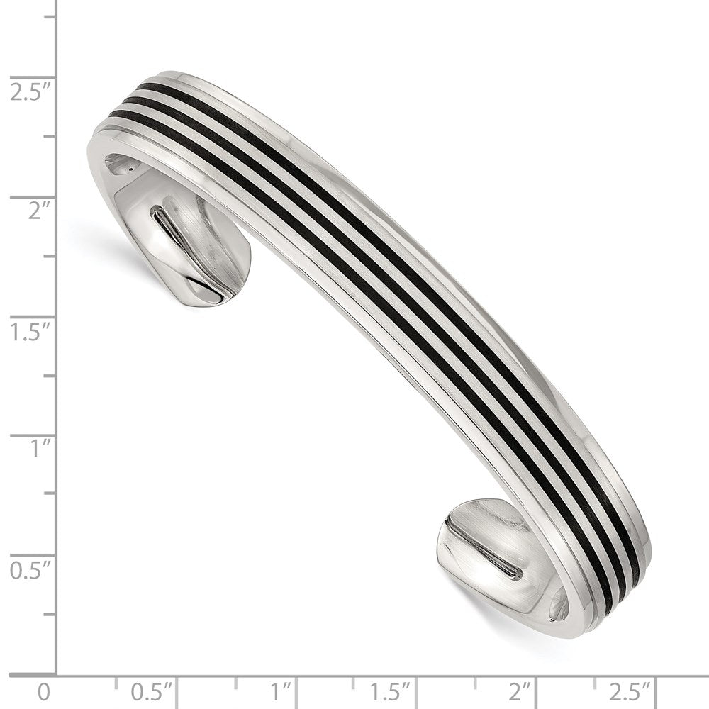 Alternate view of the Men&#39;s 10mm Stainless Steel &amp; Black Rubber Striped Cuff Bangle Bracelet by The Black Bow Jewelry Co.