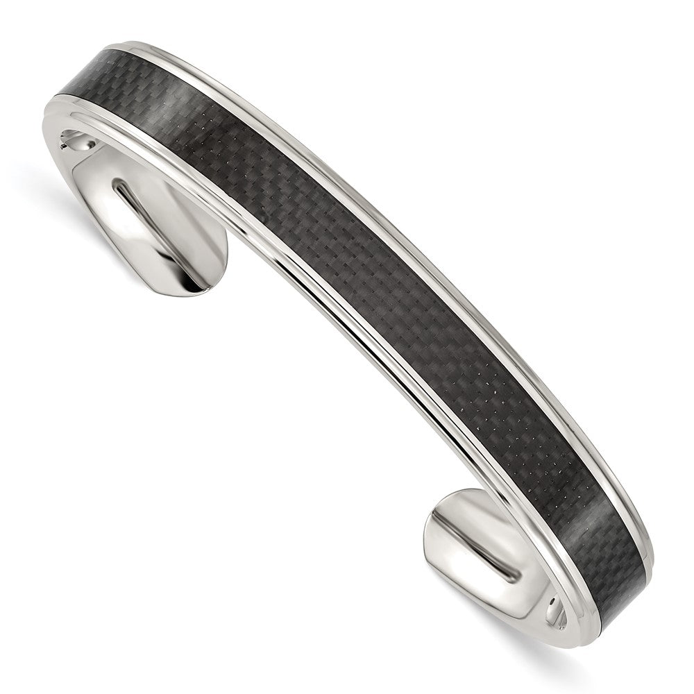 Men&#39;s 10mm Stainless Steel &amp; Black Carbon Fiber Polished Cuff Bracelet, Item B12844 by The Black Bow Jewelry Co.