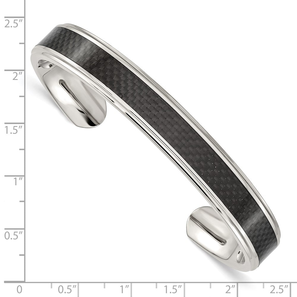 Alternate view of the Men&#39;s 10mm Stainless Steel &amp; Black Carbon Fiber Polished Cuff Bracelet by The Black Bow Jewelry Co.