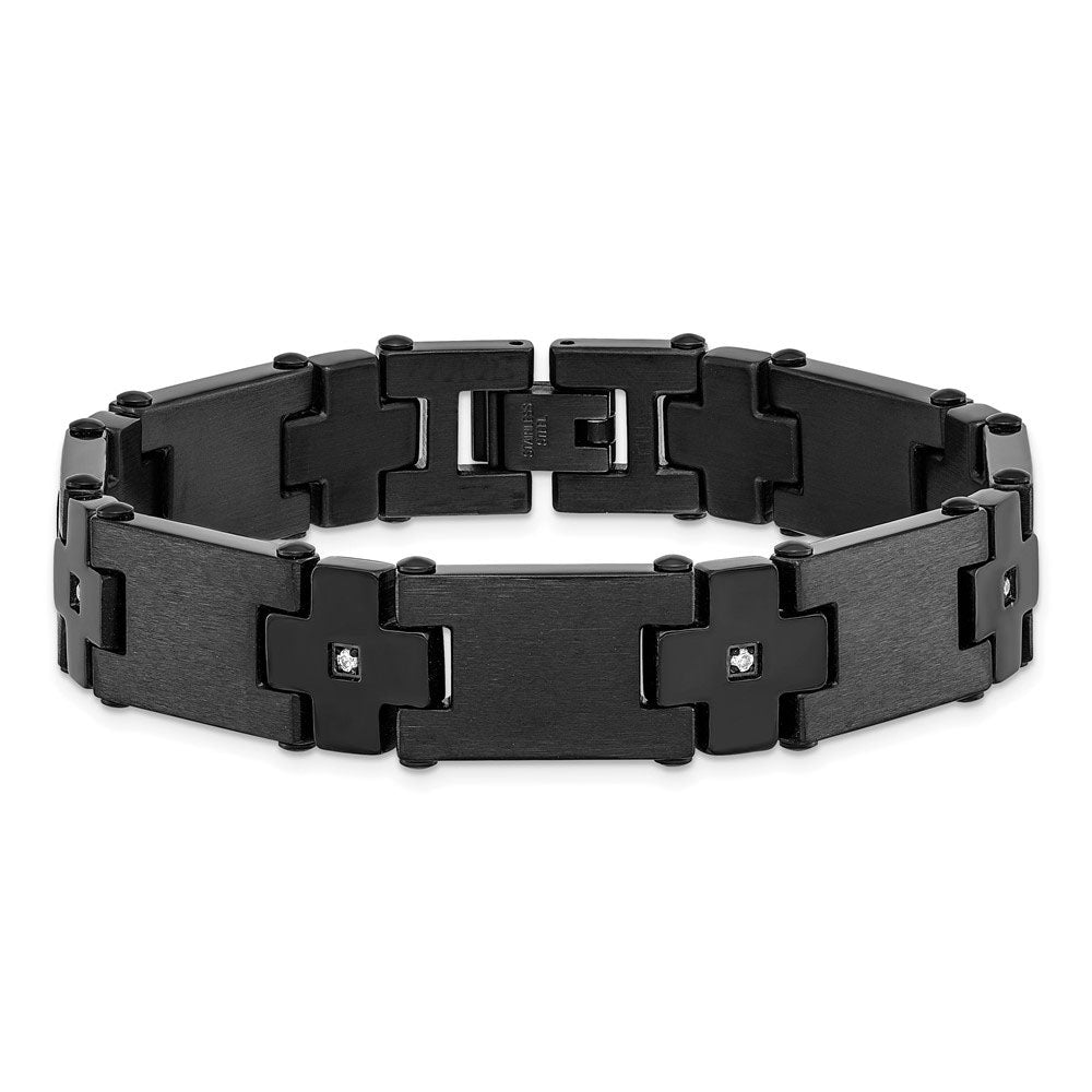 Alternate view of the Men&#39;s 13mm Black Plated Stainless Steel &amp; CZ Cross Bracelet, 8 Inch by The Black Bow Jewelry Co.