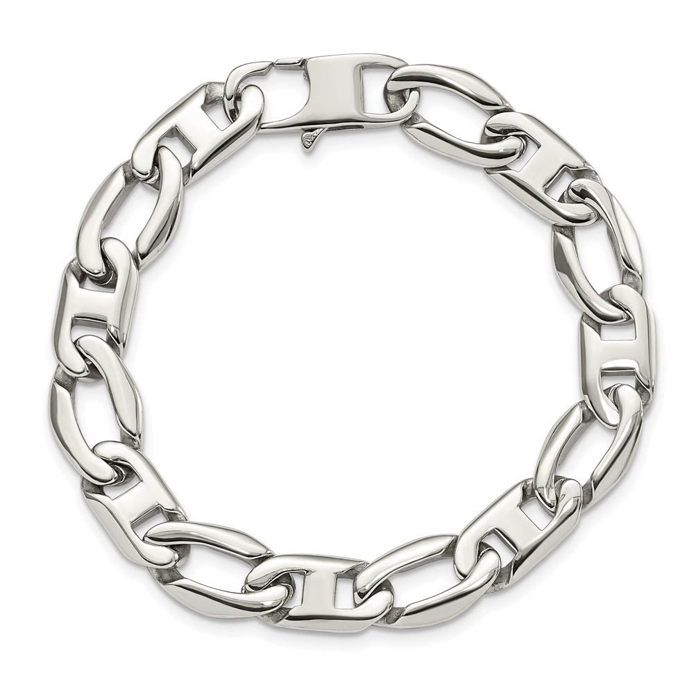 Men's 12mm Stainless Steel Bracelet - Open Oval & Anchor Chain Link Design With Lobster Clasp, 8.5 Inch