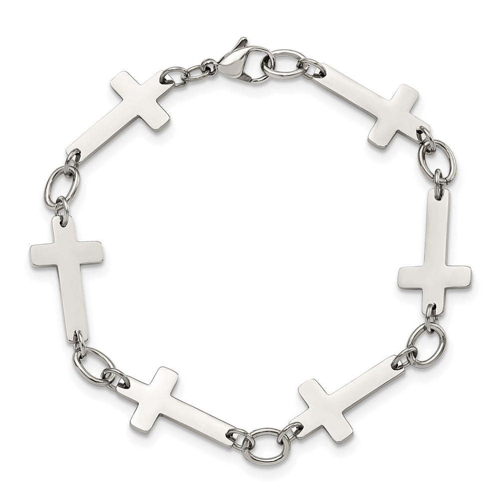 Alternate view of the Polished Stainless Steel Sideways Cross Link Bracelet, 8 Inch by The Black Bow Jewelry Co.
