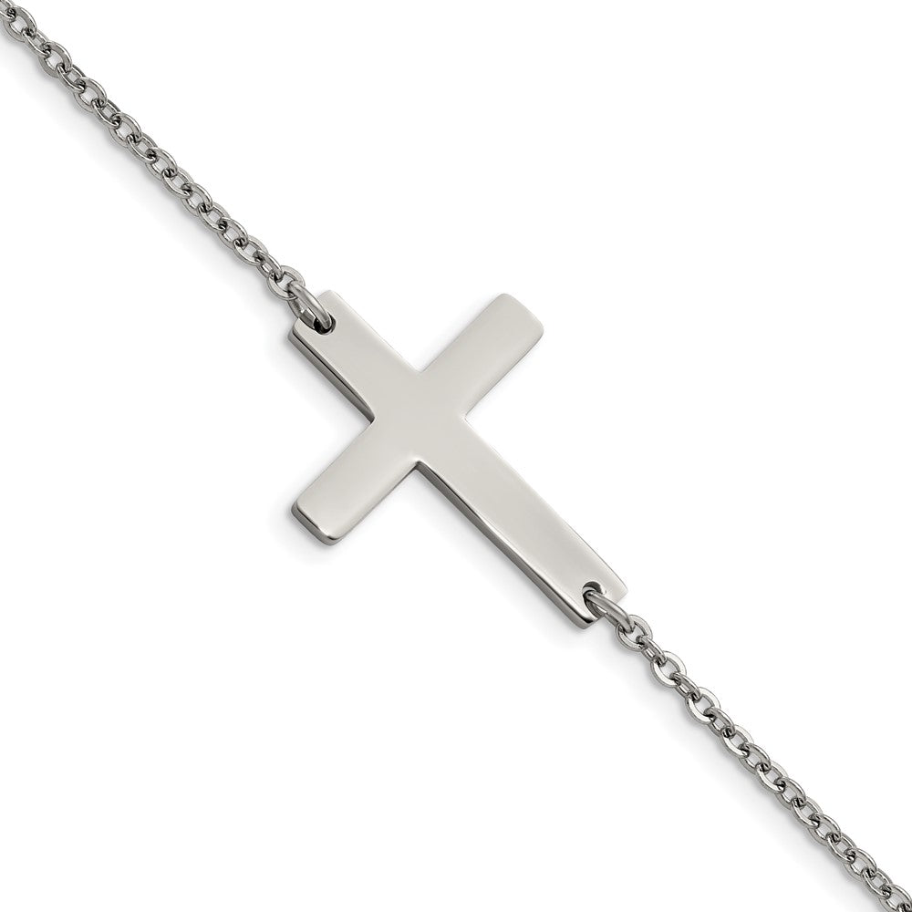 Polished Stainless Steel Sideways Cross Bracelet, 7.25 Inch, Item B12871 by The Black Bow Jewelry Co.