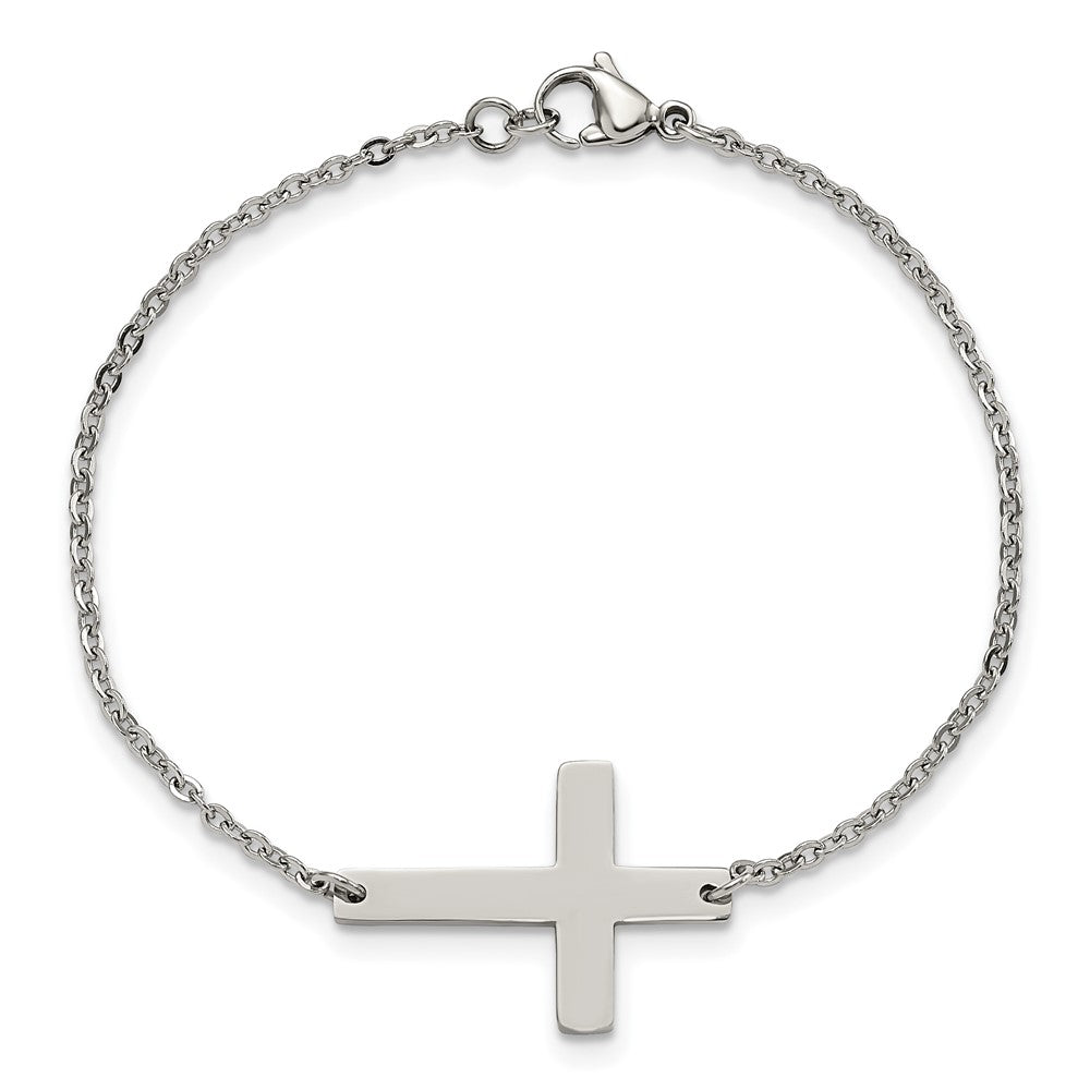 Alternate view of the Polished Stainless Steel Sideways Cross Bracelet, 7.25 Inch by The Black Bow Jewelry Co.