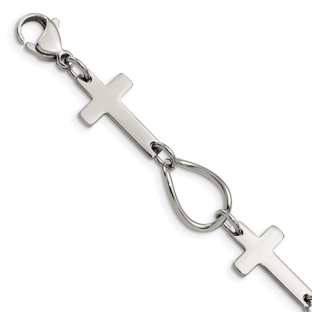Polished Stainless Steel Sideways Cross Link Bracelet, 7.75 Inch, Item B12874 by The Black Bow Jewelry Co.