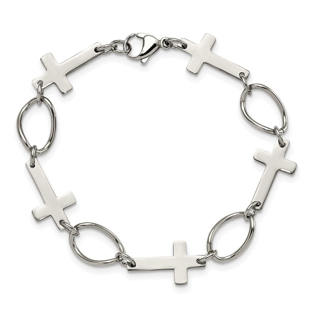 Alternate view of the Polished Stainless Steel Sideways Cross Link Bracelet, 7.75 Inch by The Black Bow Jewelry Co.