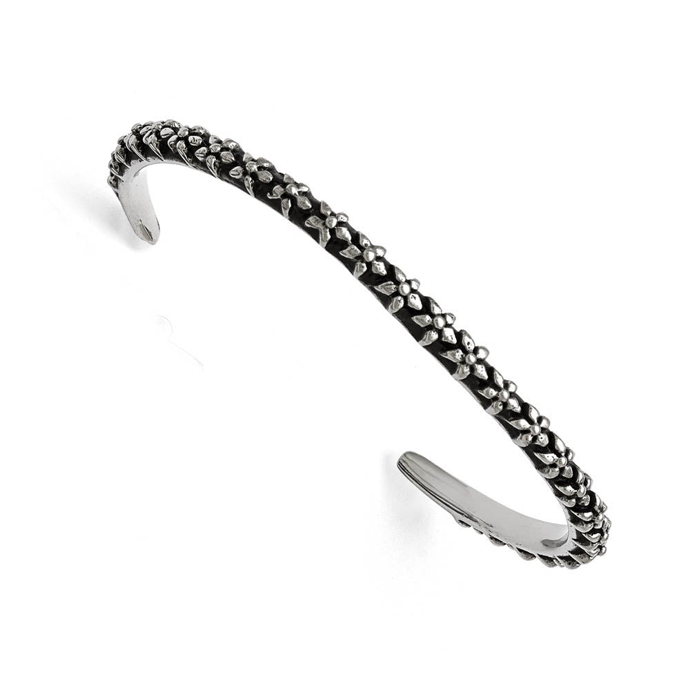 5mm Stainless Steel Antiqued & Polished Floral Thin Cuff Bracelet, Item B12896 by The Black Bow Jewelry Co.