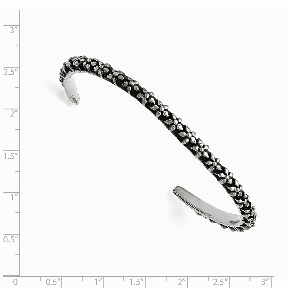 Alternate view of the 5mm Stainless Steel Antiqued & Polished Floral Thin Cuff Bracelet by The Black Bow Jewelry Co.