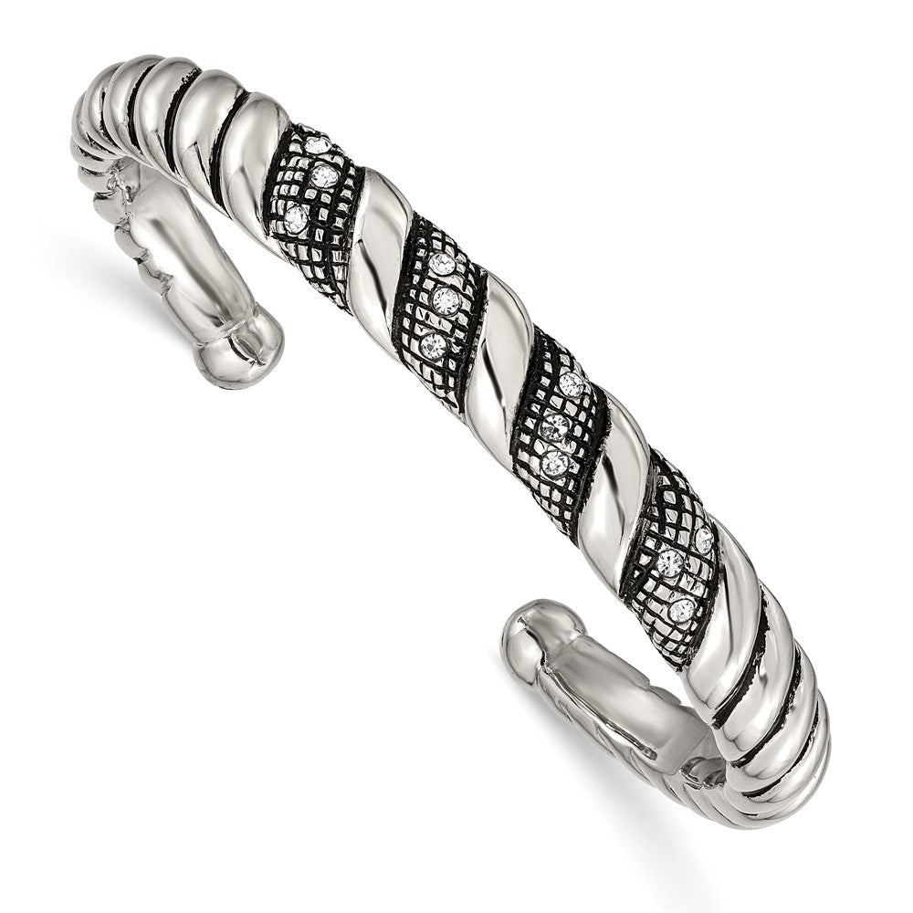 10mm Stainless Steel & Crystal Antiqued & Polished Cuff Bracelet, Item B12904 by The Black Bow Jewelry Co.