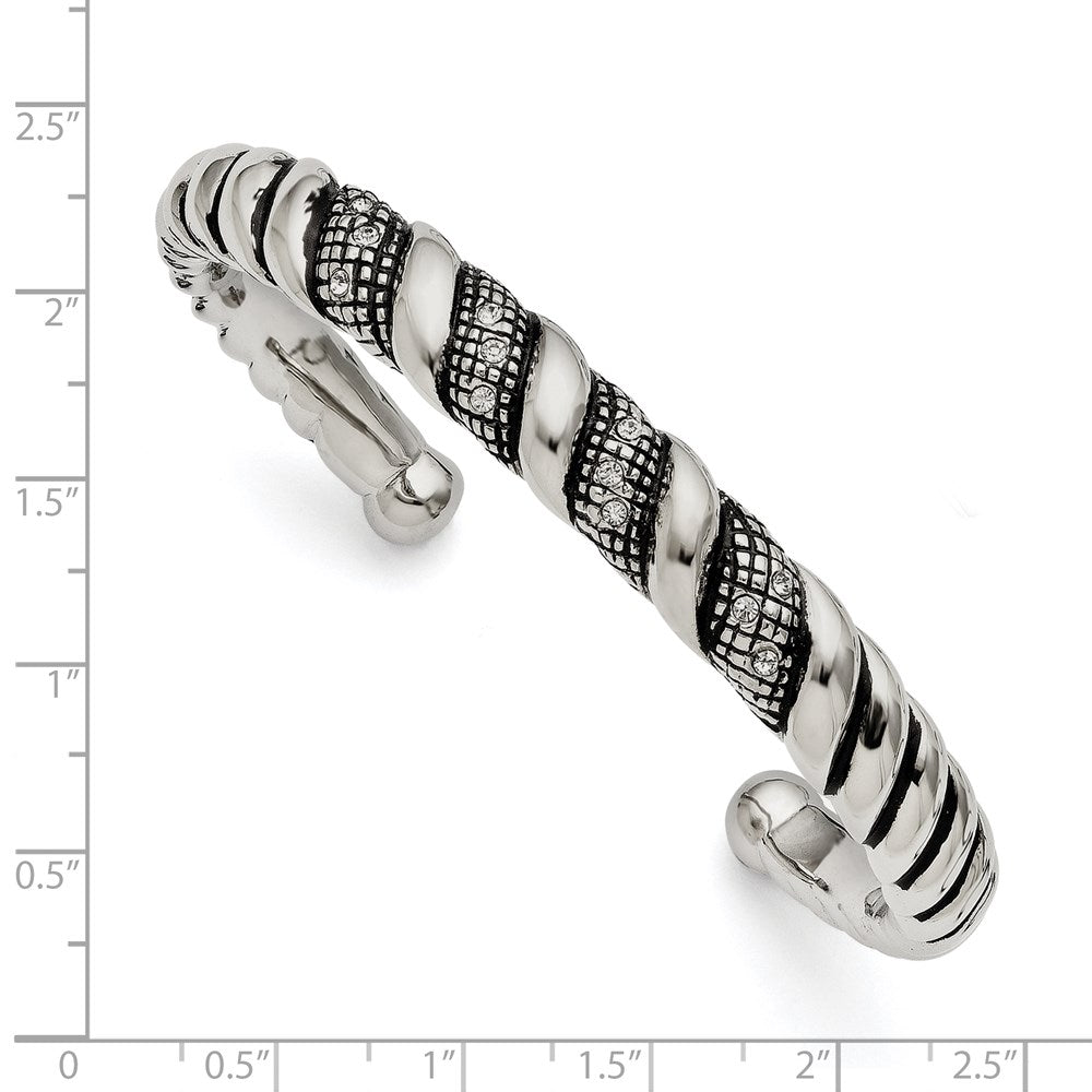Alternate view of the 10mm Stainless Steel &amp; Crystal Antiqued &amp; Polished Cuff Bracelet by The Black Bow Jewelry Co.