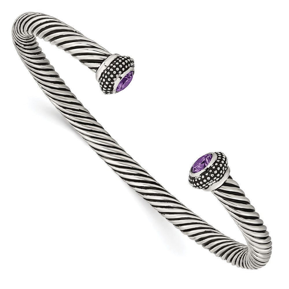 Stainless Steel &amp; Purple Cubic Zirconia Antiqued Twisted Cuff Bracelet, Item B12921 by The Black Bow Jewelry Co.