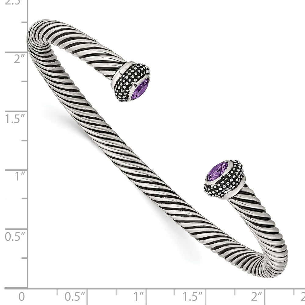 Alternate view of the Stainless Steel &amp; Purple Cubic Zirconia Antiqued Twisted Cuff Bracelet by The Black Bow Jewelry Co.