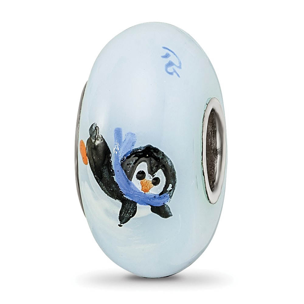 Fenton Sterling Silver Hand Painted Penguin Frolic Glass Bead Charm, Item B13333 by The Black Bow Jewelry Co.