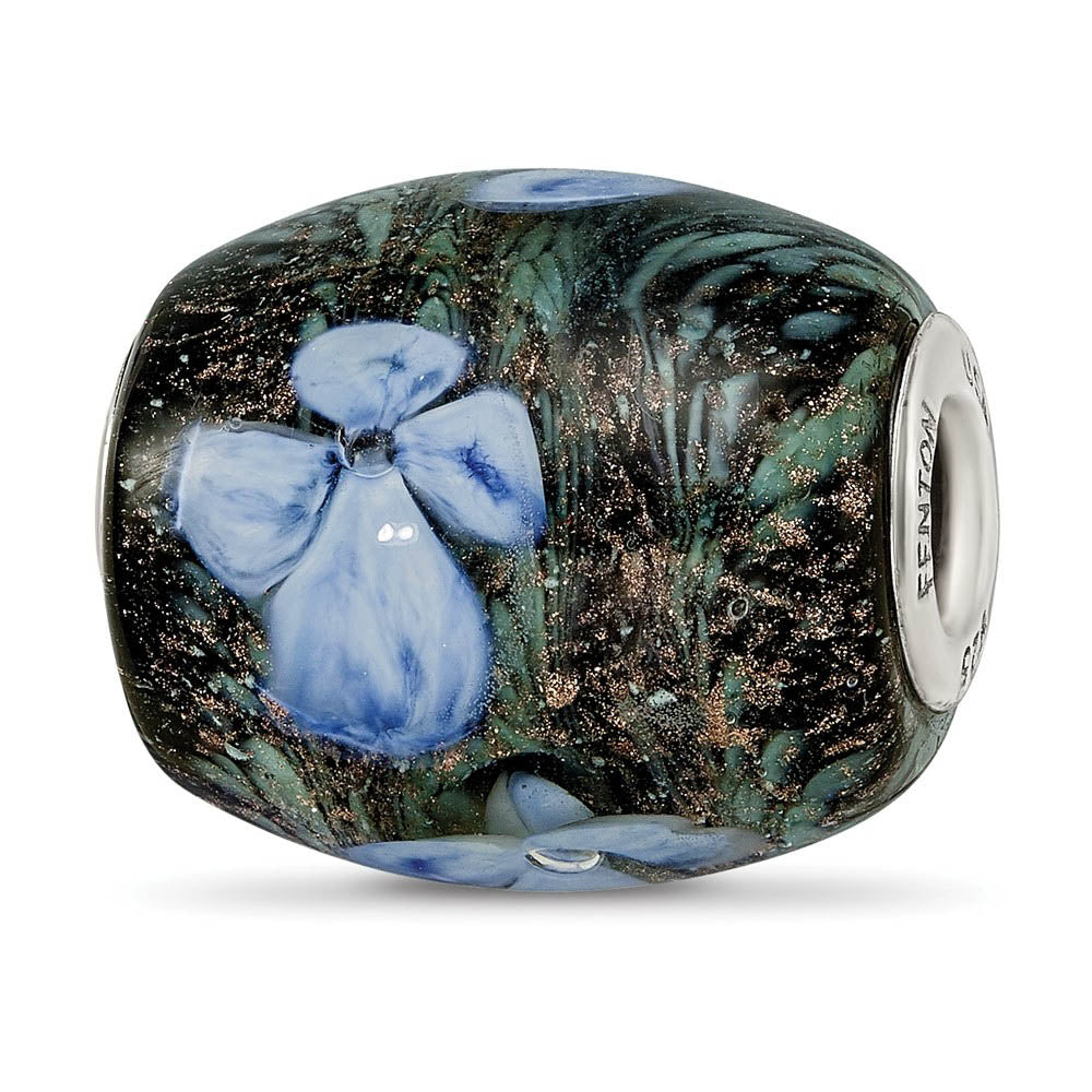 Fenton Sterling Silver Hydrangeas By Moonlight Glass Bead Charm, Item B13340 by The Black Bow Jewelry Co.
