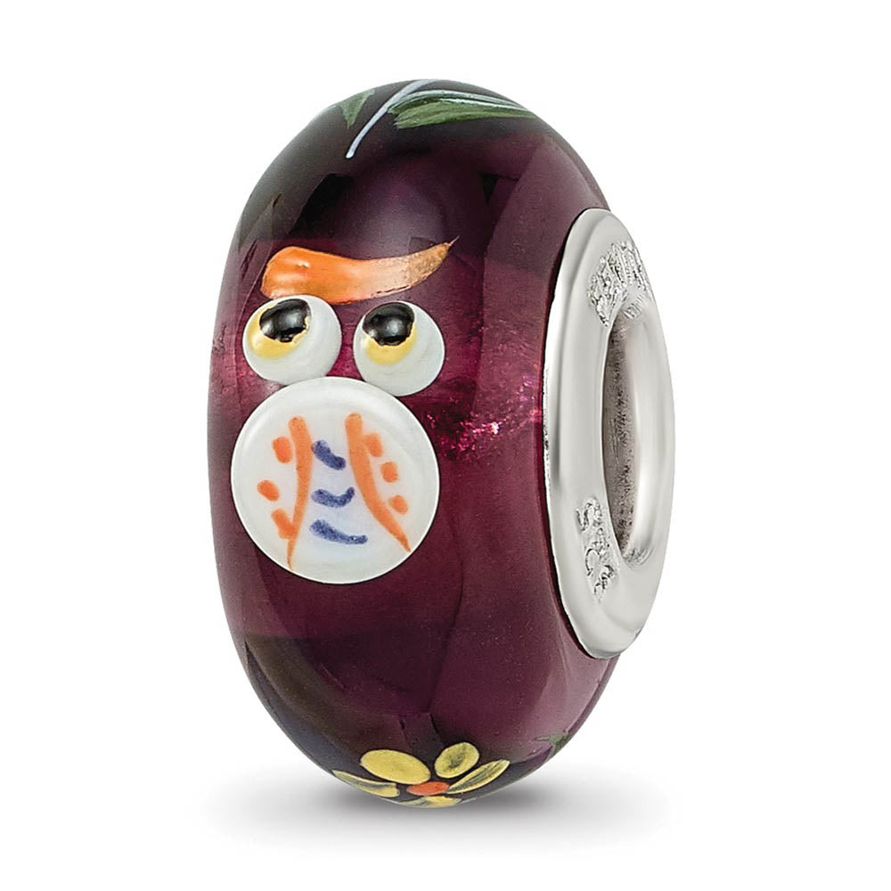 Fenton Sterling Silver Hand Painted Whooo! 3D Glass Bead Charm, Item B13346 by The Black Bow Jewelry Co.