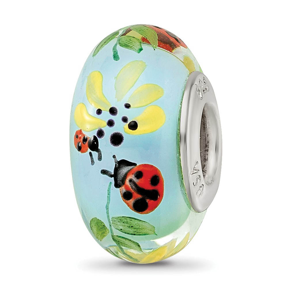 Alternate view of the Fenton Sterling Silver Hand Painted Ladybug Love Glass Bead Charm by The Black Bow Jewelry Co.