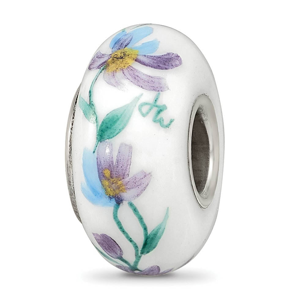 Fenton Sterling Silver Misty Morning Flowers Glass Bead Charm, Item B13380 by The Black Bow Jewelry Co.