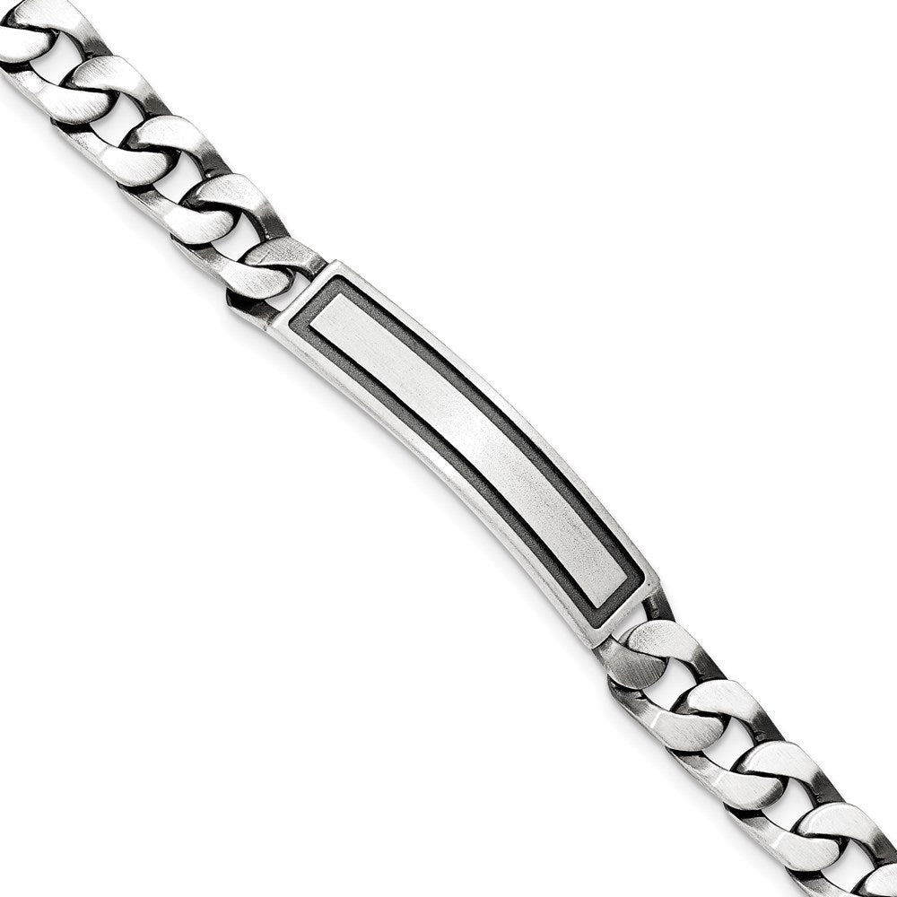 Men&#39;s Sterling Silver 9mm Antiqued Satin Curb Link I.D. Bracelet, Item B13423 by The Black Bow Jewelry Co.