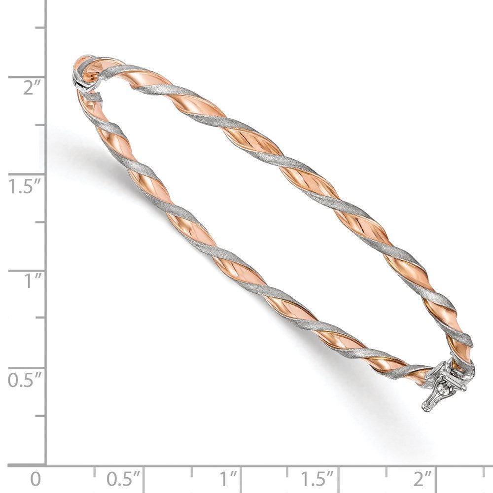 Alternate view of the 3mm 14k White Gold &amp; Rose Gold Tone Twisted Hinged Bangle Bracelet by The Black Bow Jewelry Co.