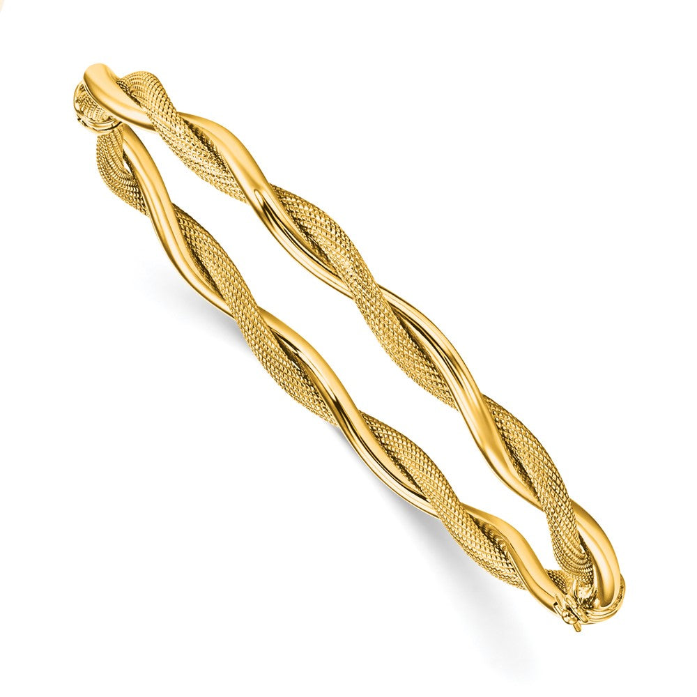 5mm 14k Yellow Gold Polished &amp; Textured Twist Hinged Bangle Bracelet, Item B13505 by The Black Bow Jewelry Co.