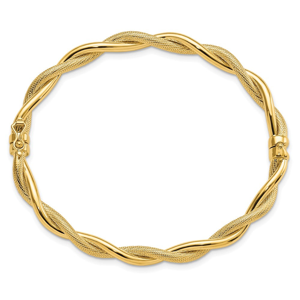 Alternate view of the 5mm 14k Yellow Gold Polished &amp; Textured Twist Hinged Bangle Bracelet by The Black Bow Jewelry Co.