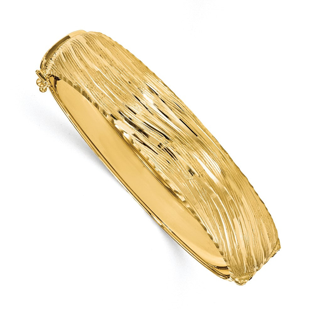 14.25mm 14k Yellow Gold Textured &amp; D/C Hinged Bangle Bracelet, Item B13509 by The Black Bow Jewelry Co.