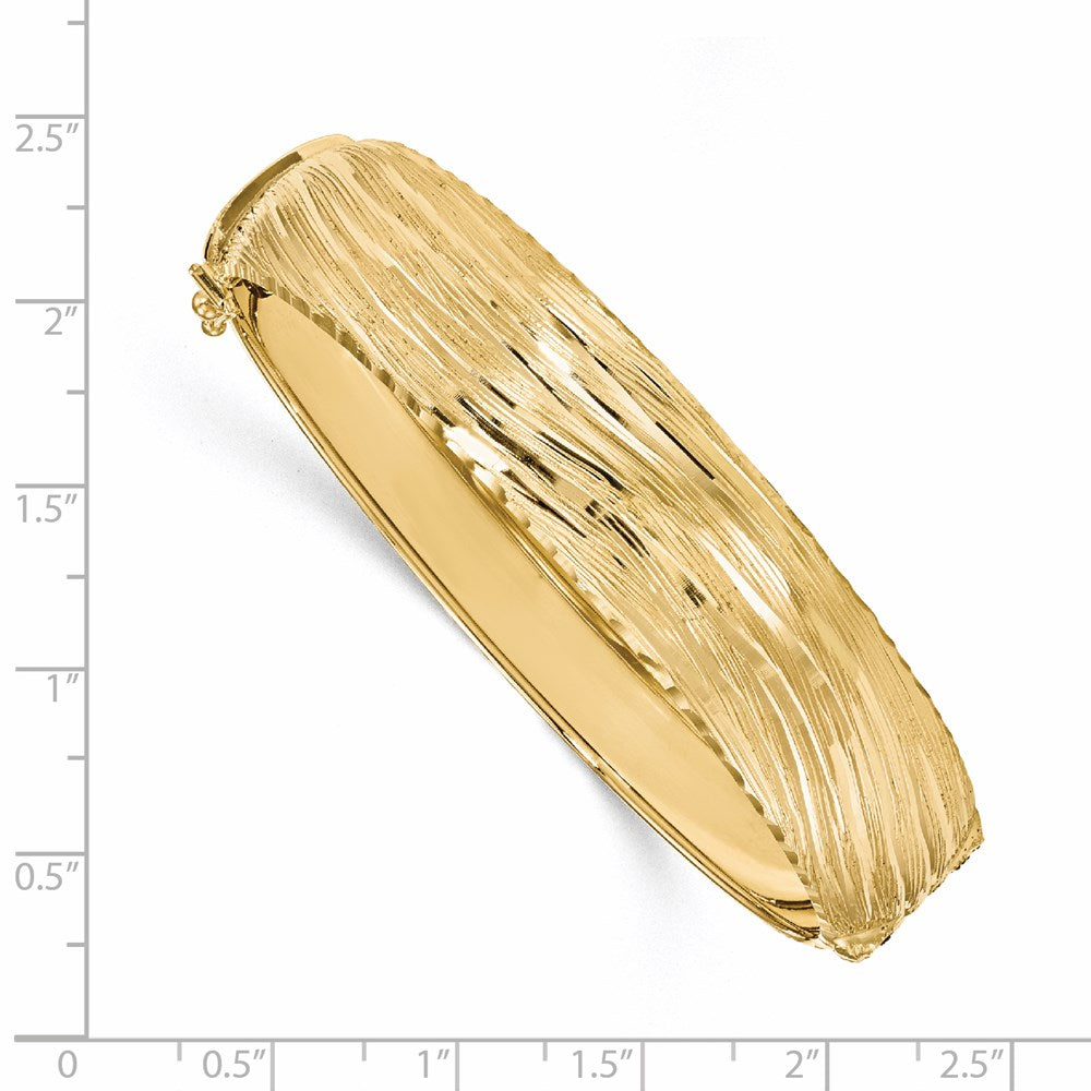 Alternate view of the 14.25mm 14k Yellow Gold Textured &amp; D/C Hinged Bangle Bracelet by The Black Bow Jewelry Co.