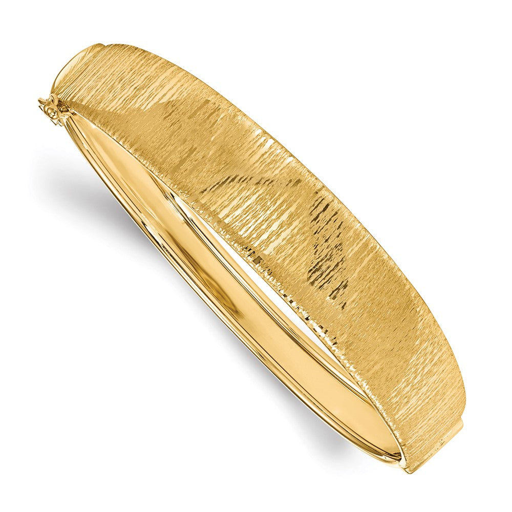 13mm 14k Yellow Gold Polished Textured Tapered Hinged Bangle Bracelet, Item B13510 by The Black Bow Jewelry Co.