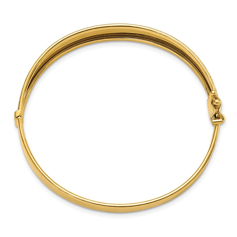Alternate view of the 13mm 14k Yellow Gold Polished Textured Tapered Hinged Bangle Bracelet by The Black Bow Jewelry Co.