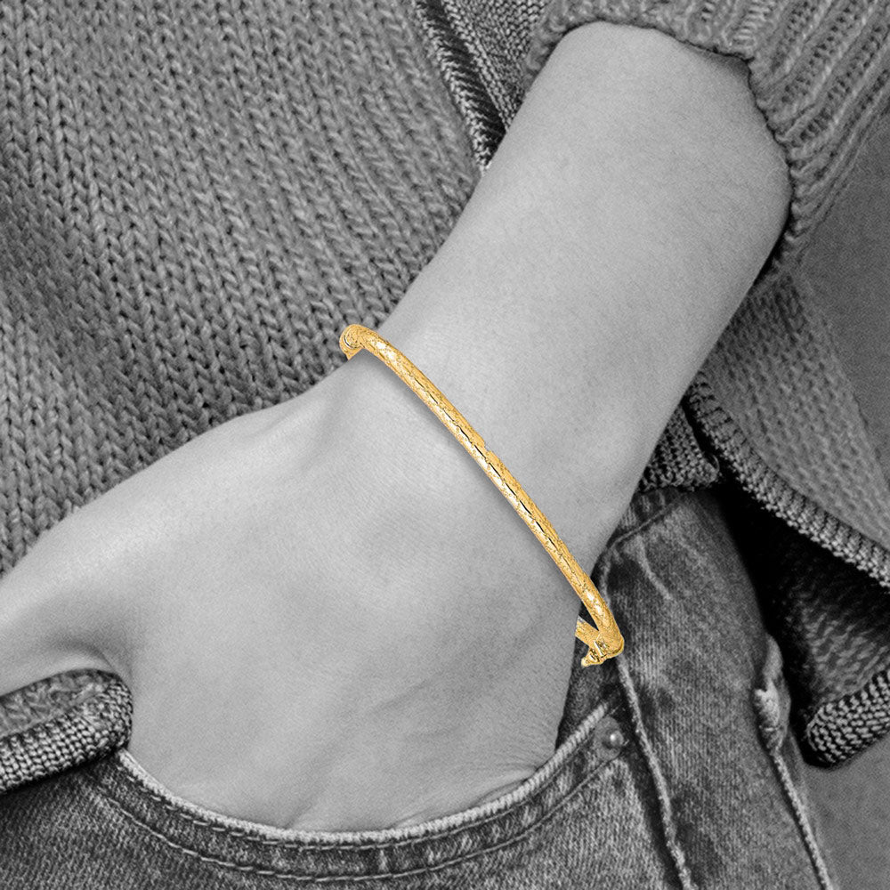 Alternate view of the 3.2mm 10k Yellow Gold Textured Round Hinged Bangle Bracelet by The Black Bow Jewelry Co.