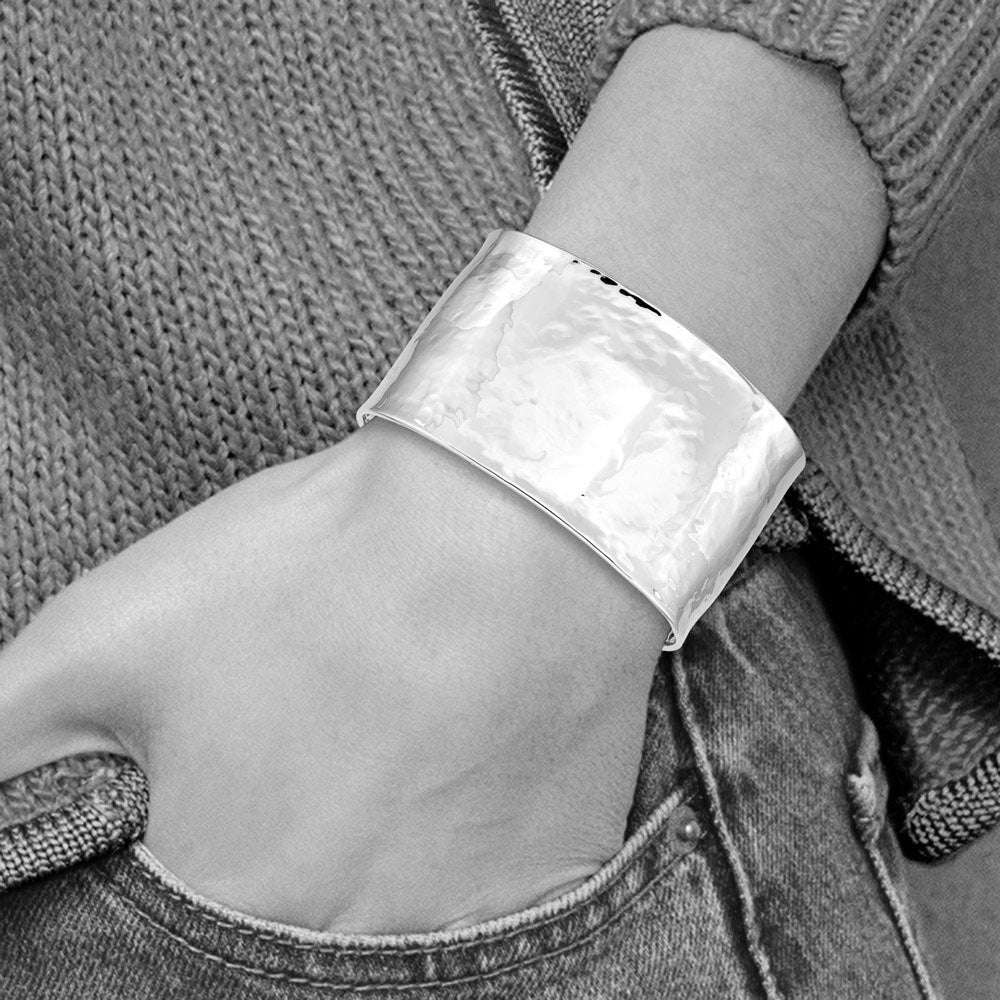 Alternate view of the 37mm 14k White Gold Hammered Solid Cuff Bangle Bracelet by The Black Bow Jewelry Co.