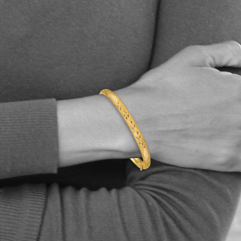 Alternate view of the 6.5mm, 14k Yellow Gold, Diamond Cut Fancy Hinged Bangle Bracelet by The Black Bow Jewelry Co.