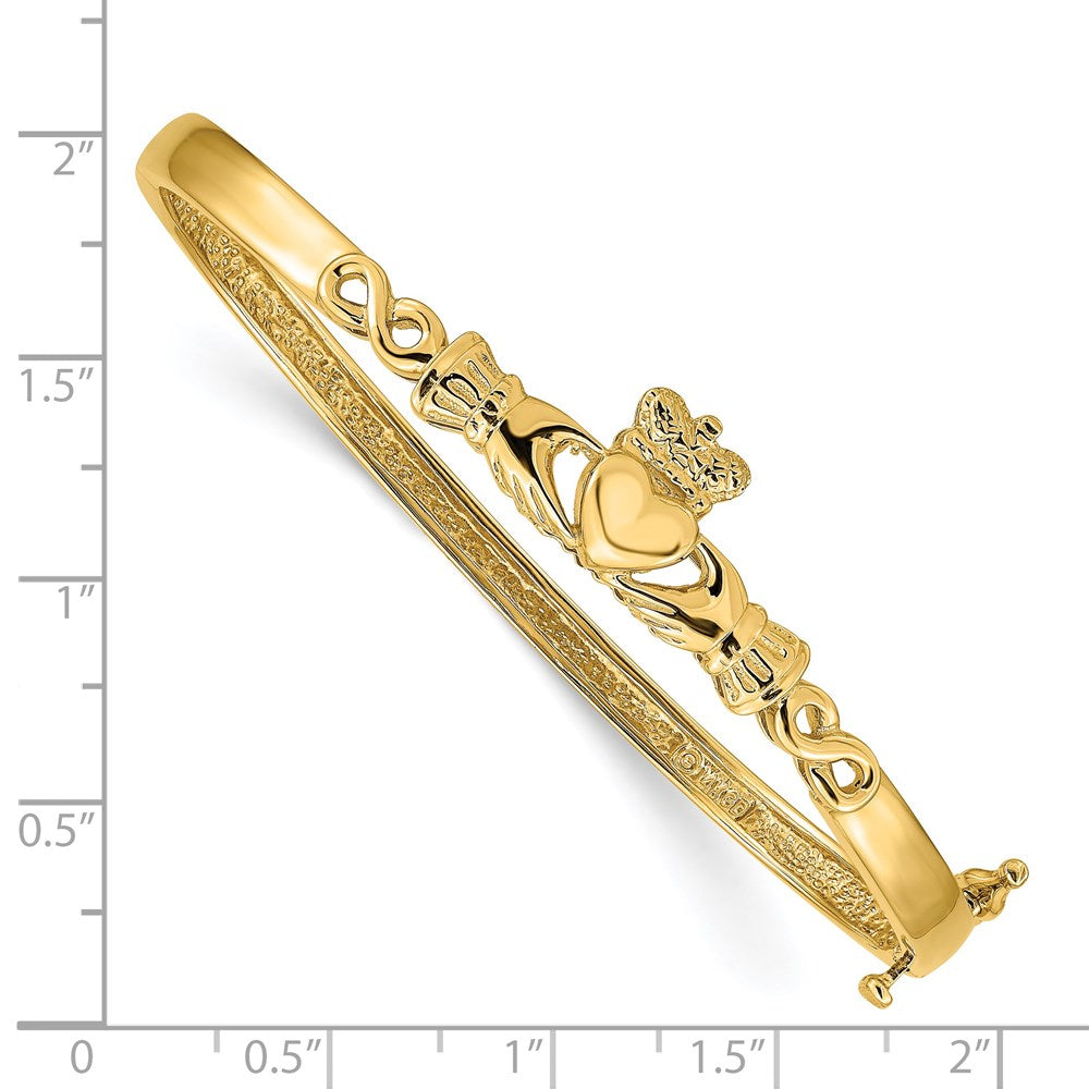 Alternate view of the 4mm 14k Yellow Gold Solid Claddagh Hinged Bangle Bracelet by The Black Bow Jewelry Co.