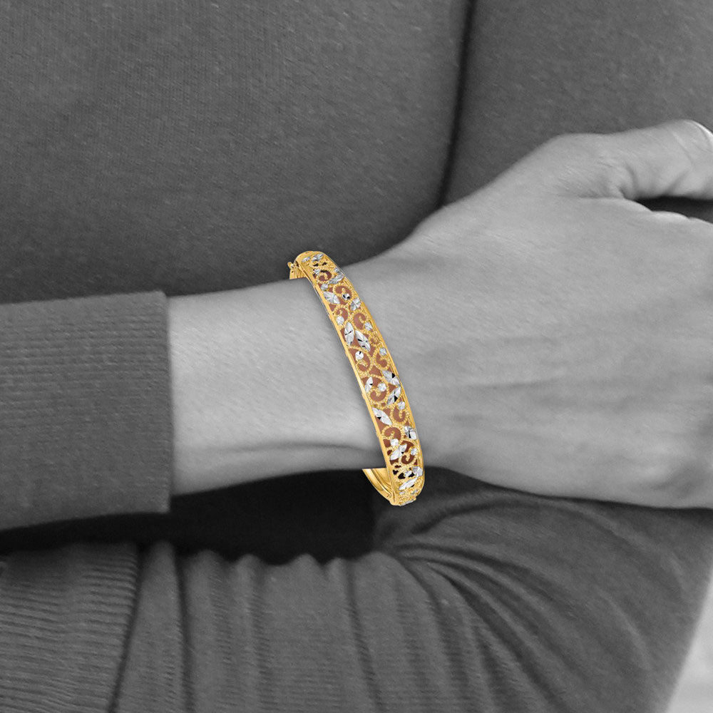 Alternate view of the 14k Yellow Gold &amp; White Rhodium Graduated Diamond Cut Bangle Bracelet by The Black Bow Jewelry Co.