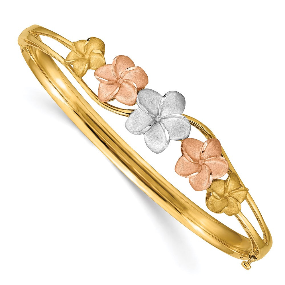 14k Tri-Color Gold Polished and Satin Plumeria Hinged Bangle Bracelet, Item B13627 by The Black Bow Jewelry Co.