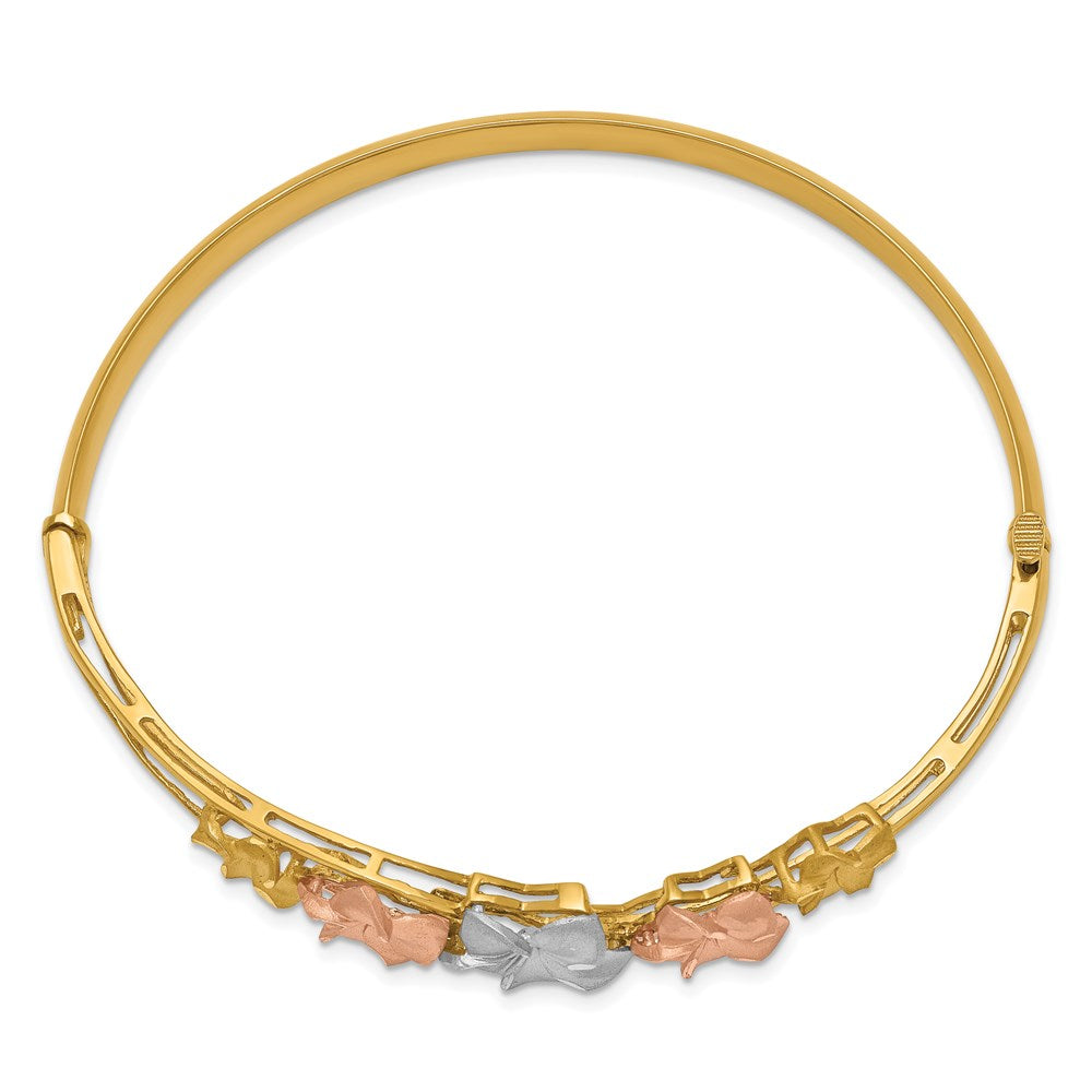 Alternate view of the 14k Tri-Color Gold Polished and Satin Plumeria Hinged Bangle Bracelet by The Black Bow Jewelry Co.