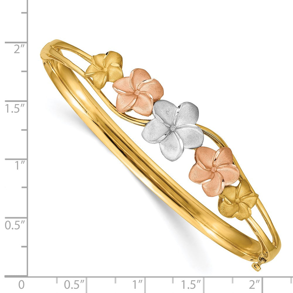 Alternate view of the 14k Tri-Color Gold Polished and Satin Plumeria Hinged Bangle Bracelet by The Black Bow Jewelry Co.