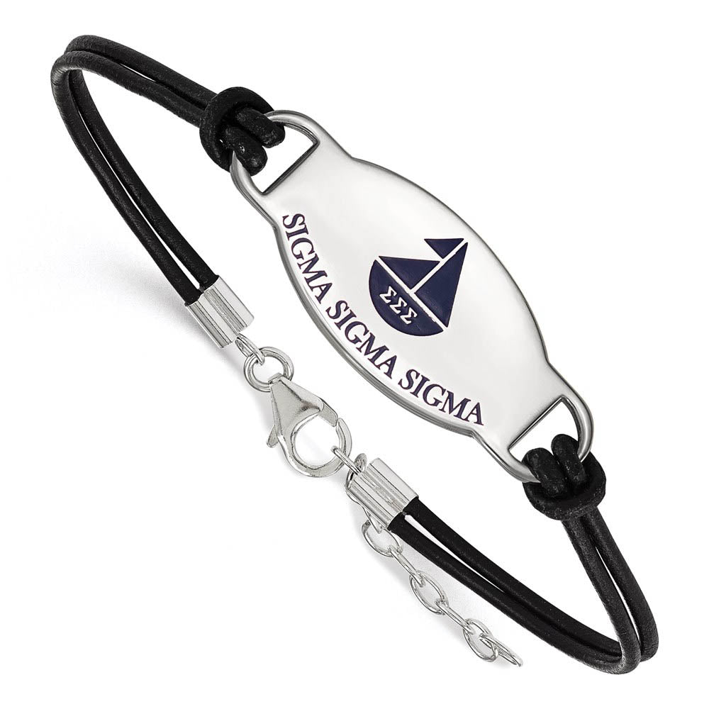 Sterling Silver Sigma Sigma Sigma Enamel Blk Leather Bracelet - 7 in., Item B14769 by The Black Bow Jewelry Co.