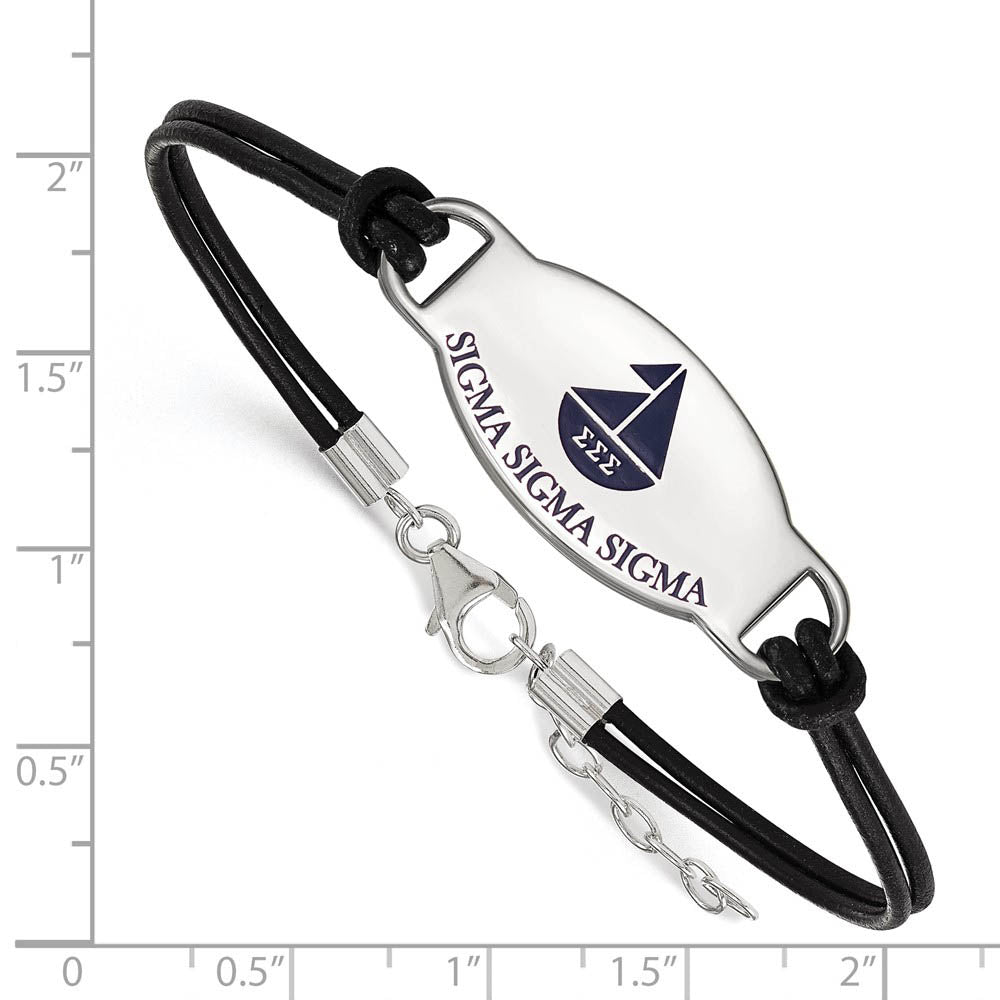 Alternate view of the Sterling Silver Sigma Sigma Sigma Enamel Blk Leather Bracelet - 7 in. by The Black Bow Jewelry Co.
