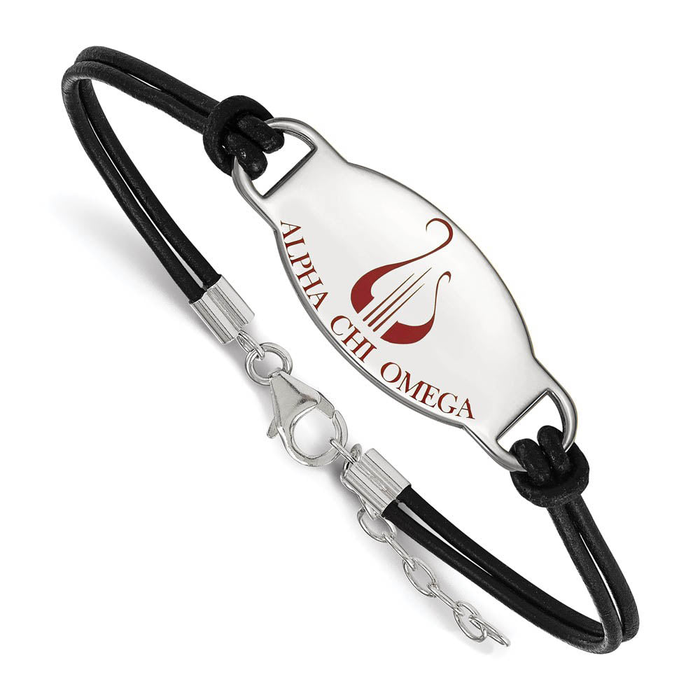 Sterling Silver Alpha Chi Omega Enamel Black Leather Bracelet - 7 in., Item B15323 by The Black Bow Jewelry Co.