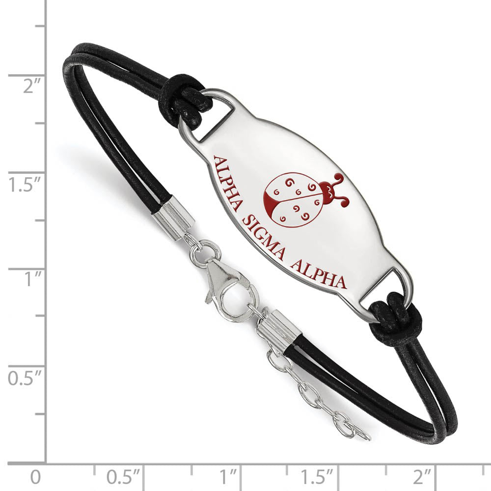 Alternate view of the Sterling Silver Alpha Sigma Alpha Enamel Blk Leather Bracelet - 7 in. by The Black Bow Jewelry Co.