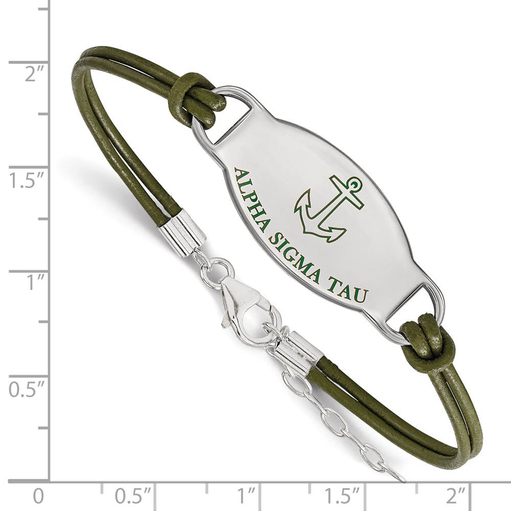 Alternate view of the Sterling Silver Alpha Sigma Tau Enamel Olive Leather Bracelet - 7 in. by The Black Bow Jewelry Co.
