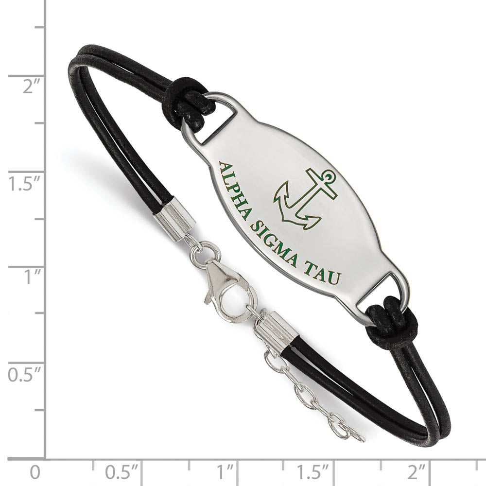 Alternate view of the Sterling Silver Alpha Sigma Tau Enamel Blk Leather Bracelet - 7 in. by The Black Bow Jewelry Co.