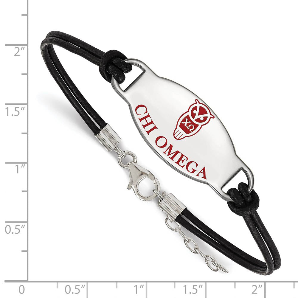 Alternate view of the Sterling Silver Chi Omega Enamel Black Leather Bracelet - 7 in. by The Black Bow Jewelry Co.