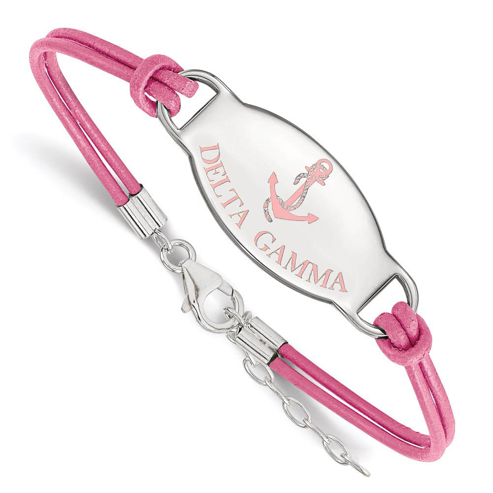 Sterling Silver Delta Gamma Enamel Pink Leather Bracelet - 7 in., Item B15338 by The Black Bow Jewelry Co.